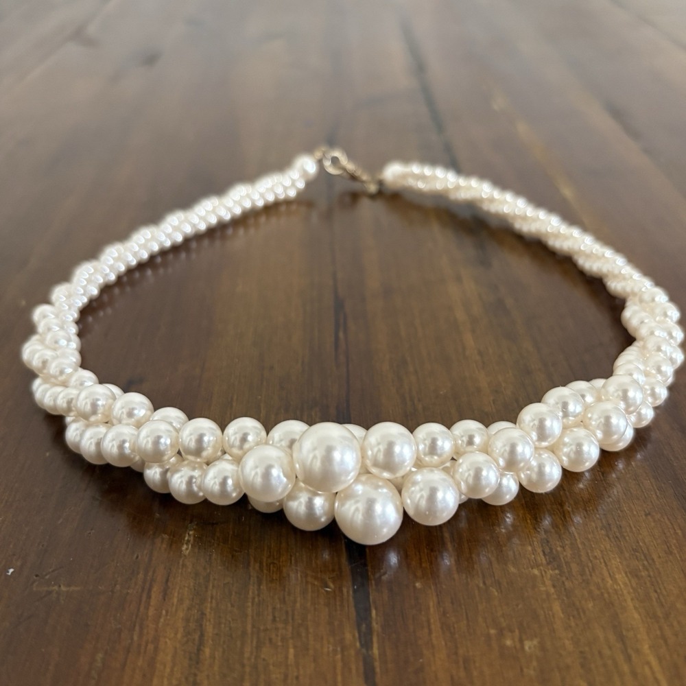 Classy Off White 3 Strands Twisted Faux Pearl Gold Tone Necklace RMN Signed ~18"